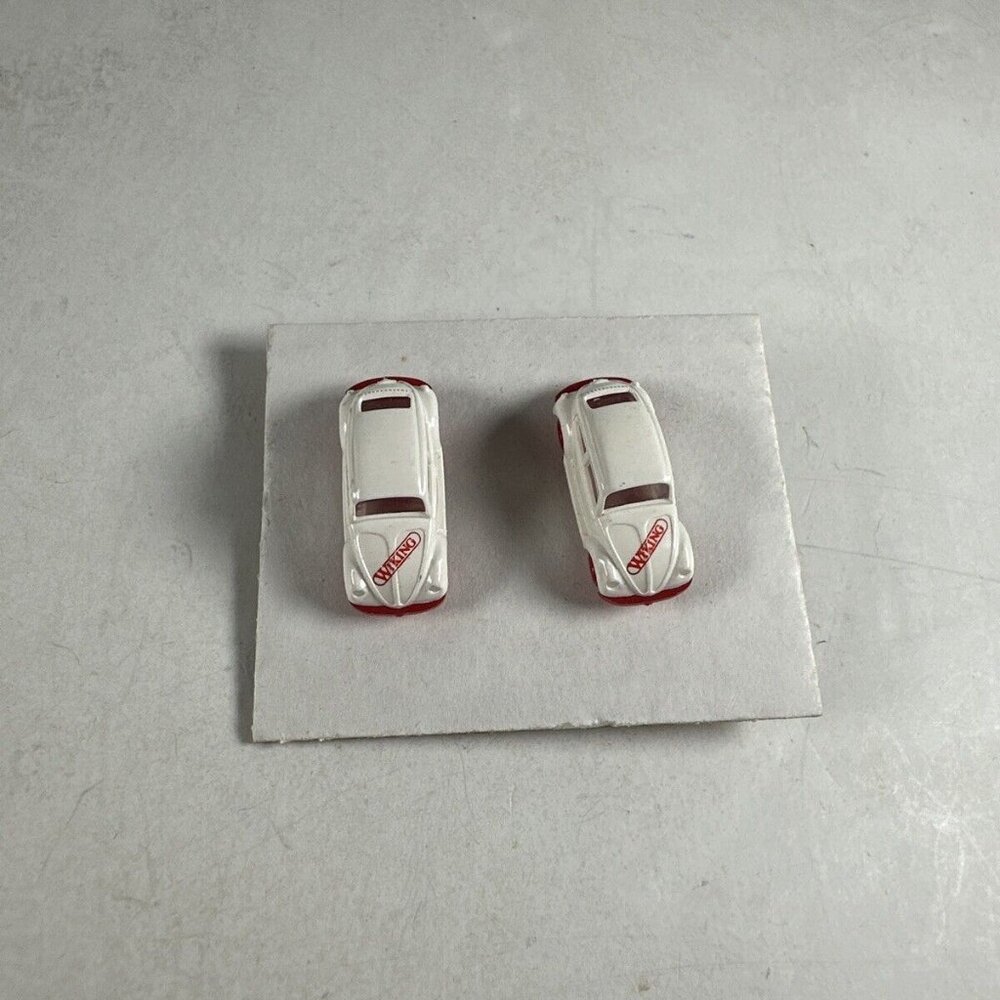 Two Wiking Volkswagen Lapel Pin White Car With Red Decal, Bumper And Tires
